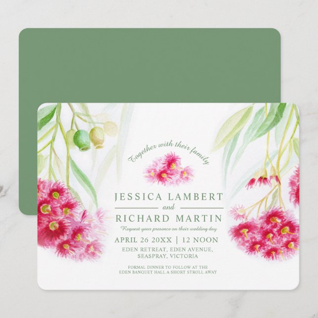 Invitation Aquarelle rose rouge de l'eucalyptus (Devant / Derrière)