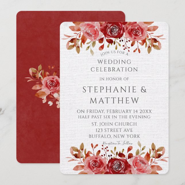 Invitation Aquarelle rose rouge pivoines lin blanc Mariage (Devant / Derrière)