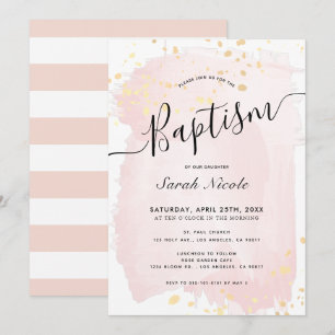 Invitation Aquarelle rose rousse or éclabousser le baptême de