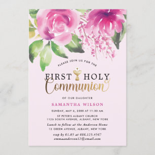 Invitation Aquarelle rose rousse Première communion sainte