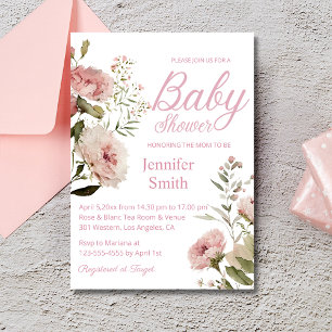 Invitation aquarelle rose rousse roses chic fille baby shower