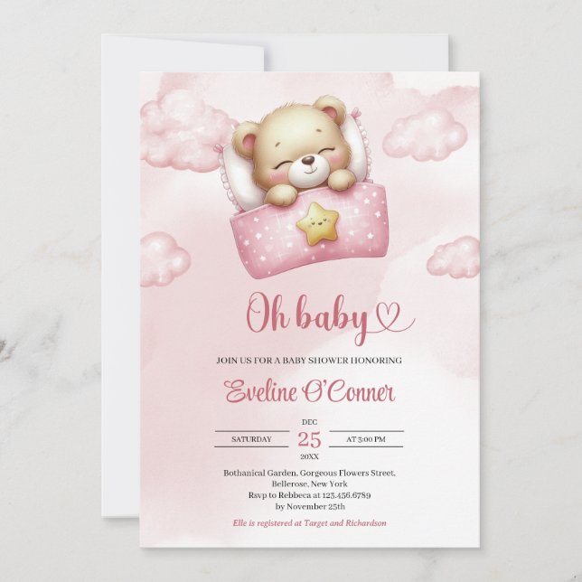 Invitation Aquarelle rose roux et ivoire fille en peluche (Devant)