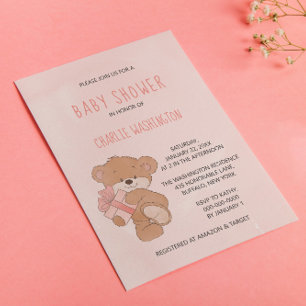 Invitation Aquarelle rose simple Baby shower ours en peluche