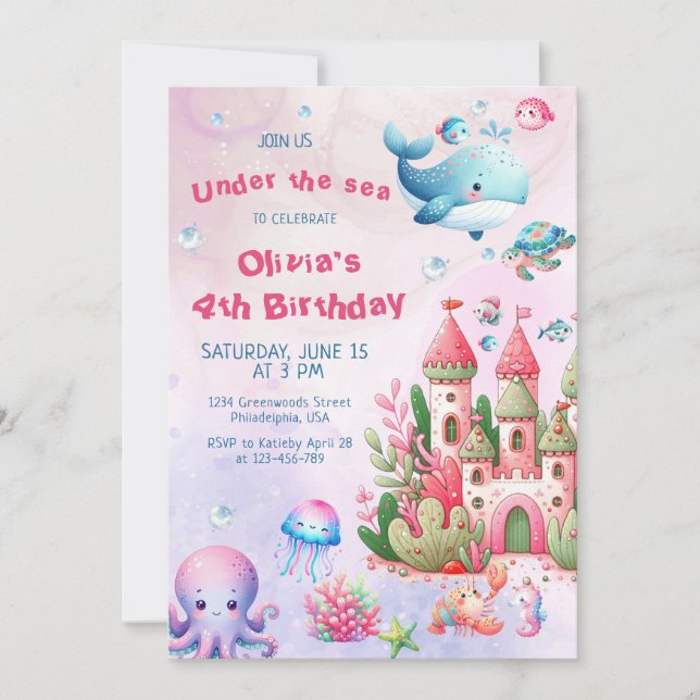 Invitation Aquarelle rose Sous La Mer Fille Anniversaire (Devant)