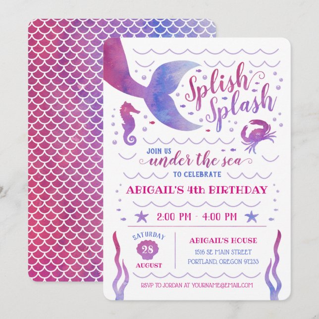 Invitation Aquarelle rose sous la mer Sirène Anniversaire (Devant / Derrière)