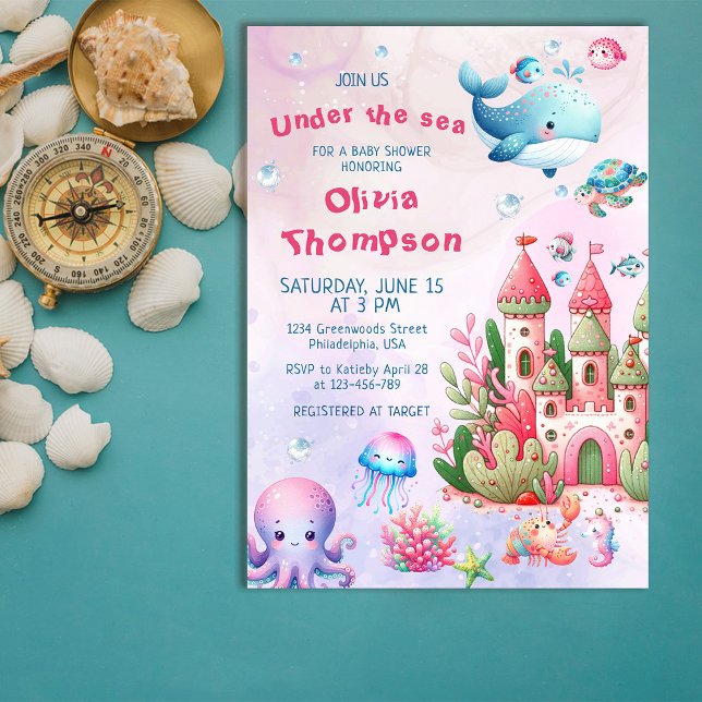 Invitation Aquarelle rose Sous Le Baby shower Sea Girl (Créateur téléchargé)