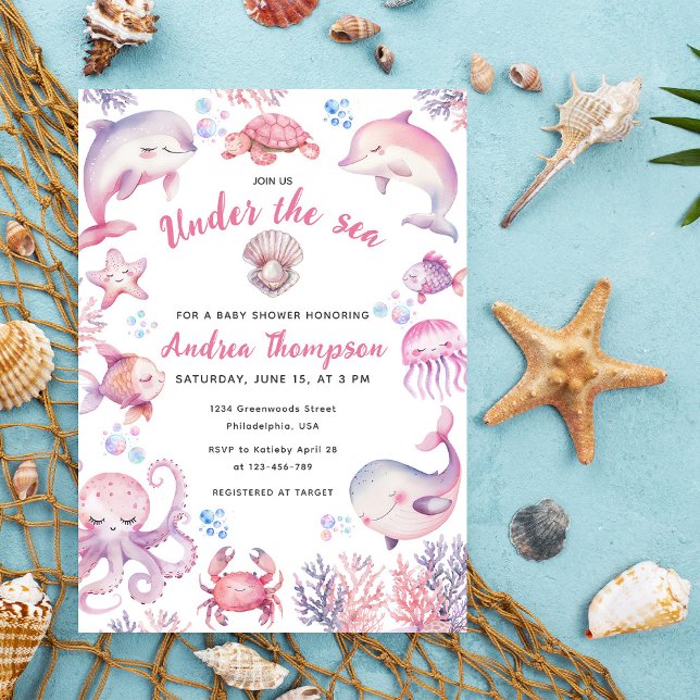Invitation Aquarelle rose Sous Le Baby shower Sea Girl (Créateur téléchargé)