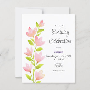 Invitation Aquarelle rose tige florale