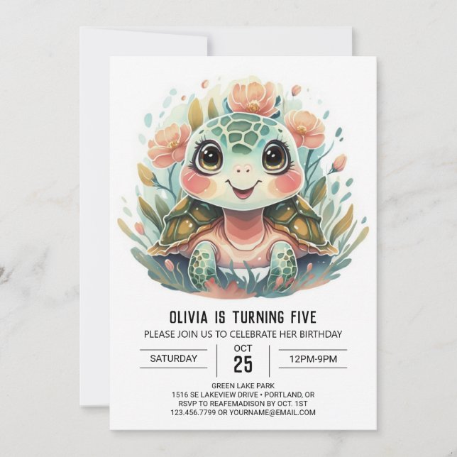 Invitation Aquarelle rose Tortue fille Anniversaire (Devant)