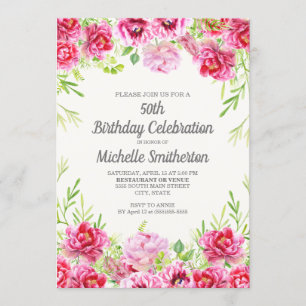 Invitation Aquarelle rose verdure fleurie 50e anniversaire