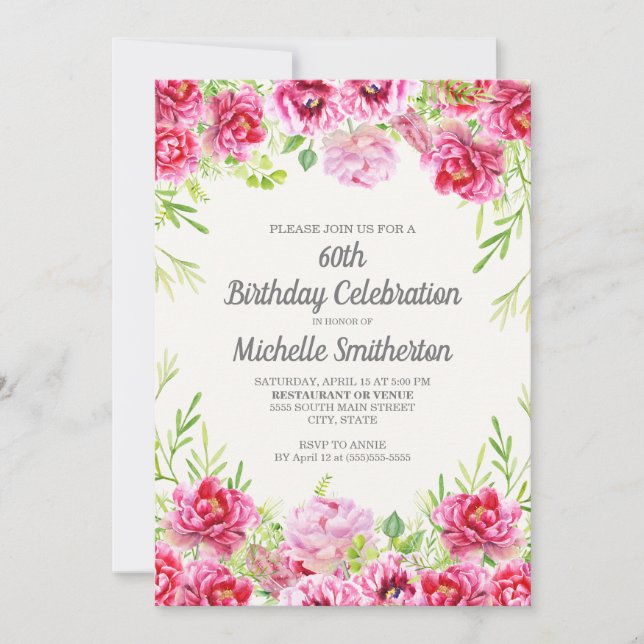 Invitation Aquarelle rose verdure fleurie 60e anniversaire (Devant)