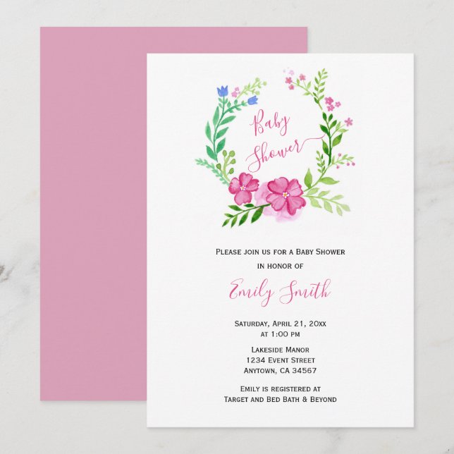 Invitation Aquarelle rose verte | Baby shower virtuel (Devant / Derrière)