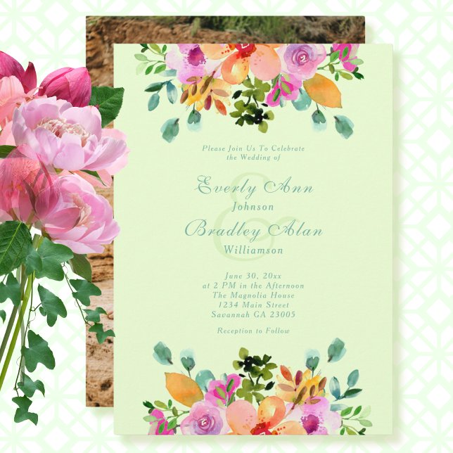 Invitation Aquarelle rose verte Floral Mariage romantique (Créateur téléchargé)