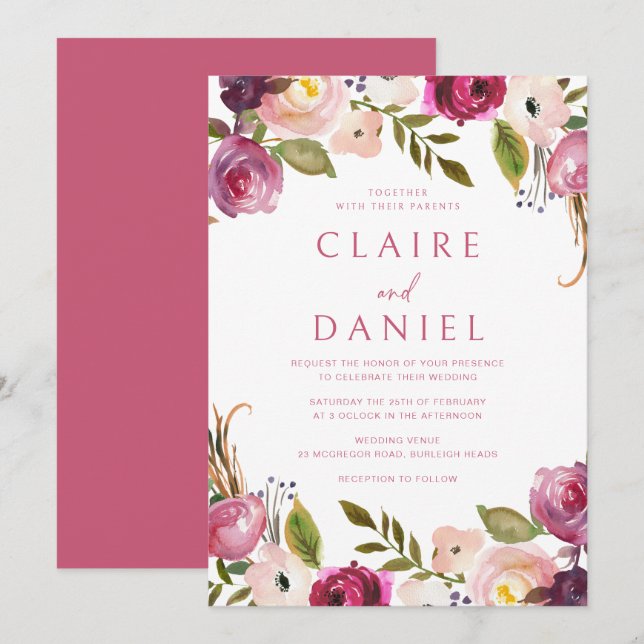 Invitation Aquarelle rose vibre Mariage de couronnes florales (Devant / Derrière)
