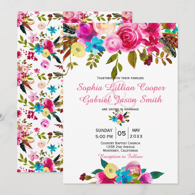 Invitation Aquarelle rose vibre Mariage de typographie floral (Devant / Derrière)
