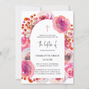 Invitation Aquarelle rose vif Arc Floral Christening Inv