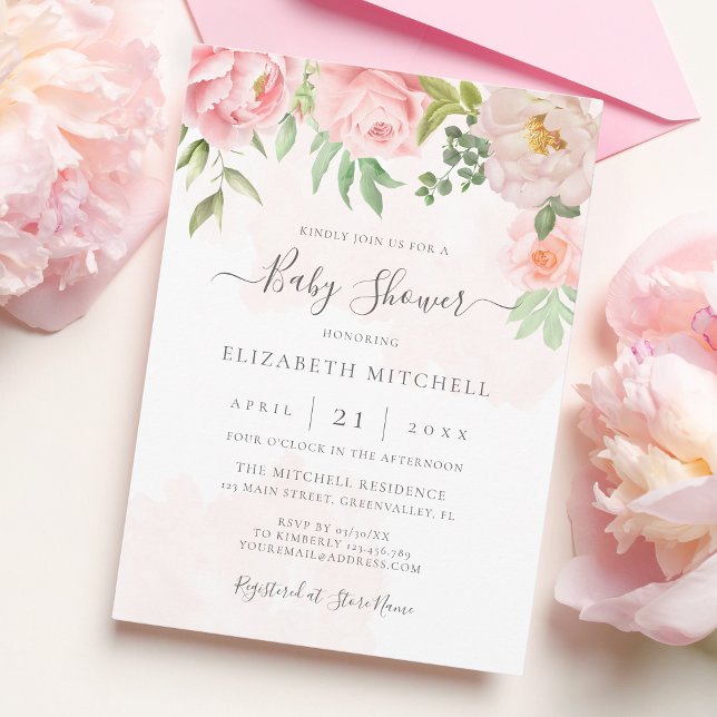 Invitation Aquarelle rose vif Baby shower de pivoine florale (Créateur téléchargé)