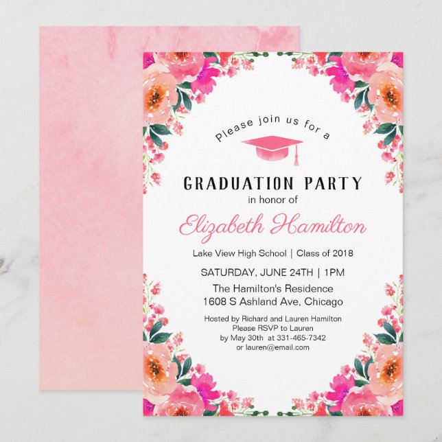 Invitation Aquarelle rose vif Fête de graduation florale (Devant / Derrière)