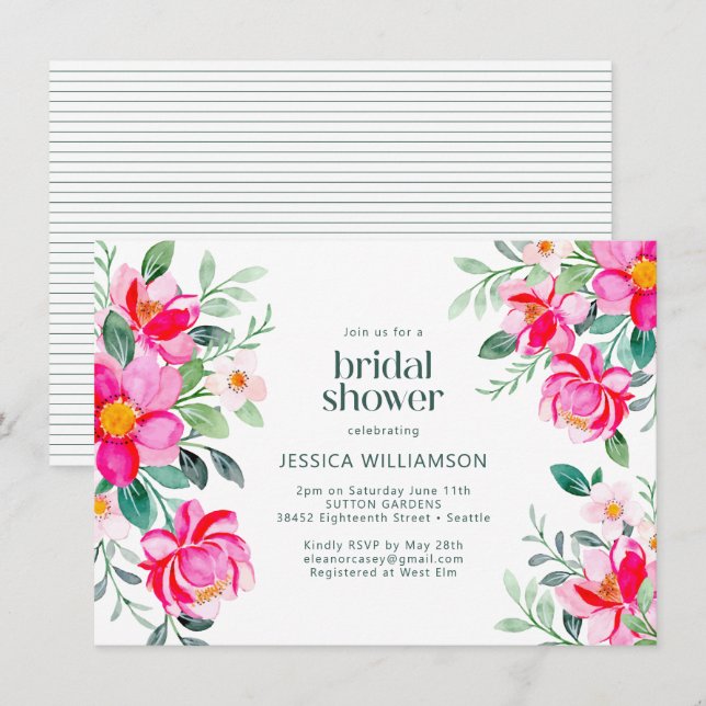 Invitation Aquarelle rose vif Fête des mariées à la frontière (Devant / Derrière)