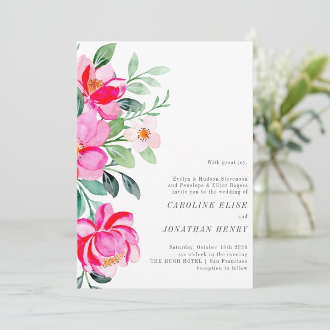 Invitation Aquarelle rose vif Floral Mariage officiel (Debout devant)