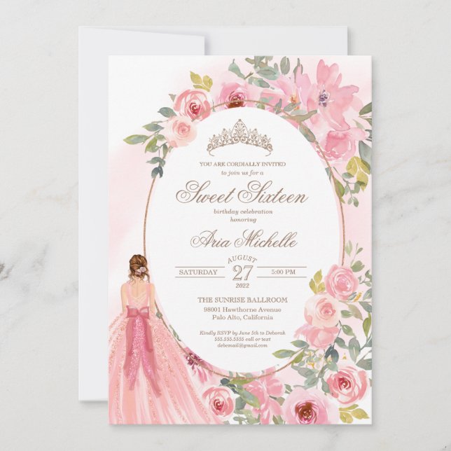 Invitation Aquarelle rose vif Floral Sweet 16 Anniversaire In (Devant)