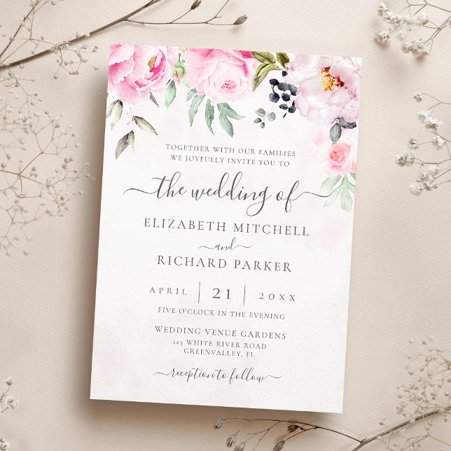 Invitation Aquarelle rose vif Mariage de pivoine florale (Créateur téléchargé)