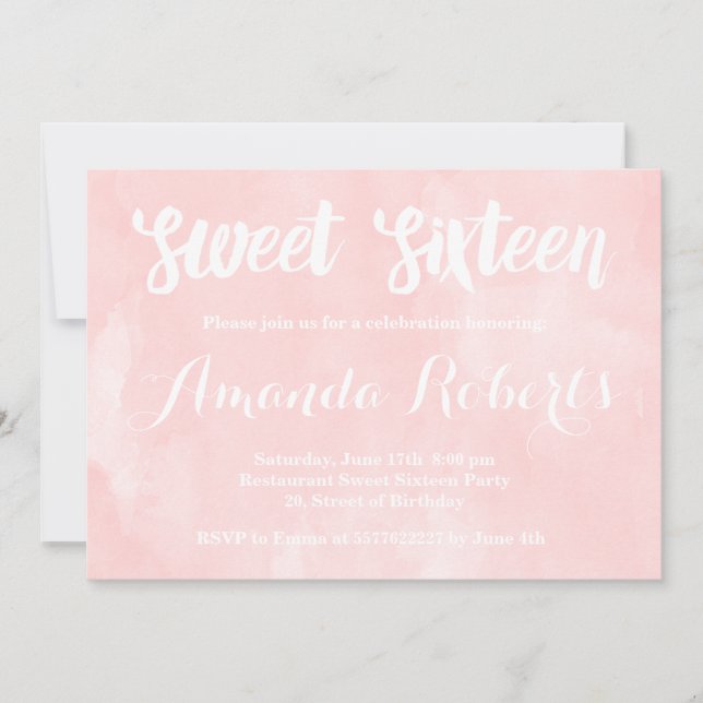 Invitation Aquarelle rose vif moderne Sweet 16 (Devant)