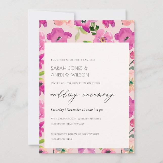 Invitation Aquarelle rose vif rétro Mariage floral (Devant)