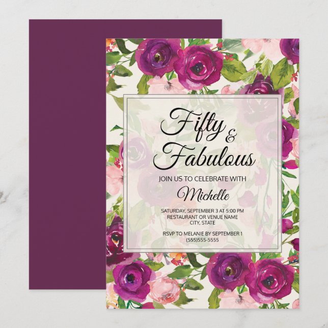 Invitation Aquarelle rose violet 50e anniversaire (Devant / Derrière)