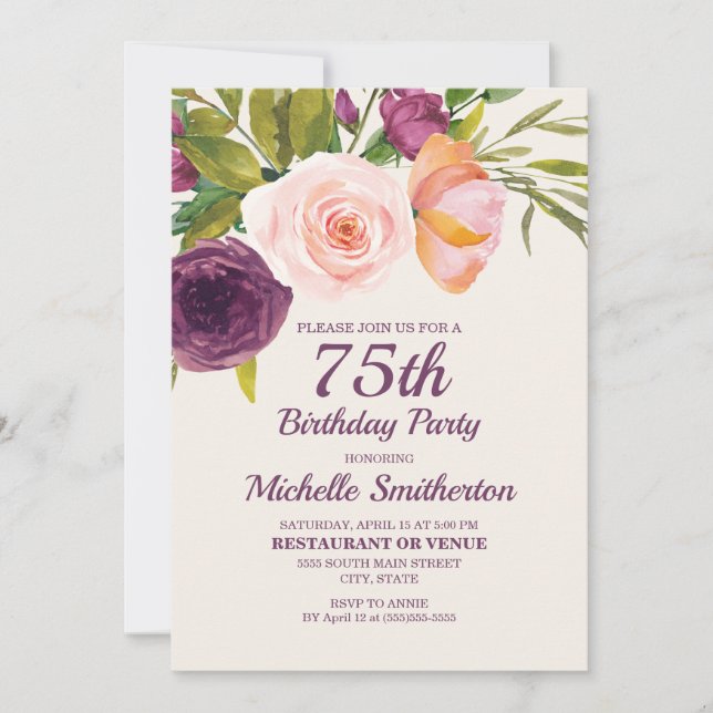 Invitation Aquarelle rose violet 75e anniversaire (Devant)