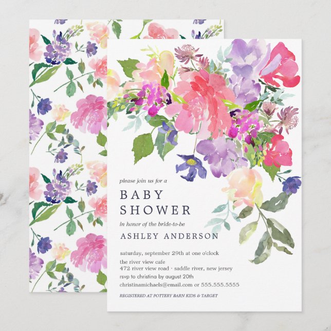 Invitation Aquarelle rose violet Baby shower Floral (Devant / Derrière)