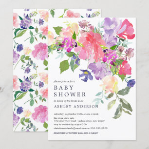 Invitation Aquarelle rose violet Baby shower Floral