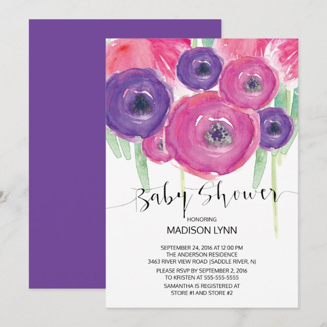 Invitation Aquarelle rose violet Baby shower Floral Girls (Devant / Derrière)