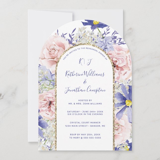 Invitation Aquarelle rose violet Dîner de répétition florale (Devant)