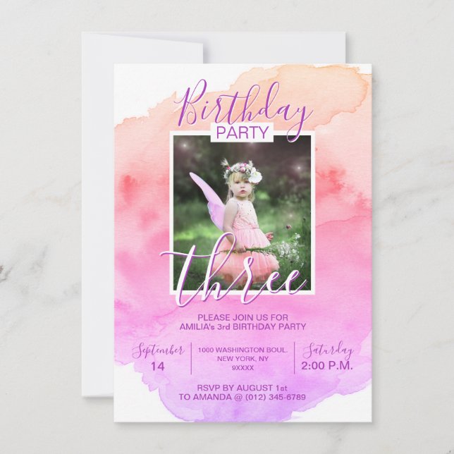 Invitation Aquarelle rose violet fille 3e TROIS ANS (Devant)