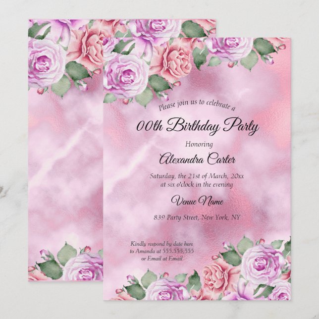 Invitation Aquarelle rose violet fleurie fête d'anniversaire (Devant / Derrière)