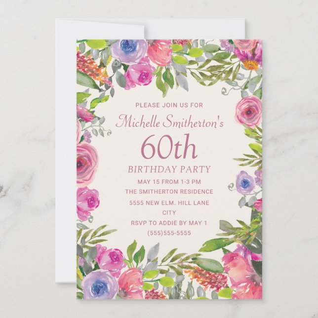 Invitation Aquarelle rose violet Fleurs sauvages 60e annivers (Devant)