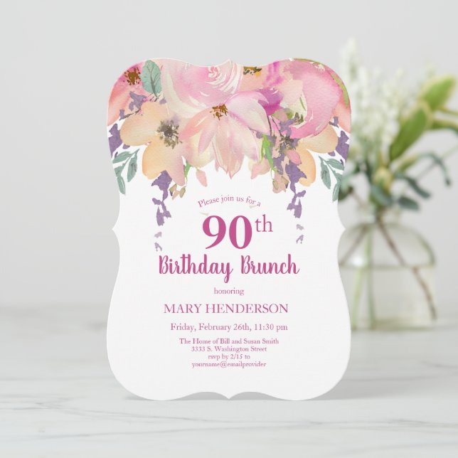 Invitation Aquarelle rose violet Floral 90e anniversaire Brun (Debout devant)