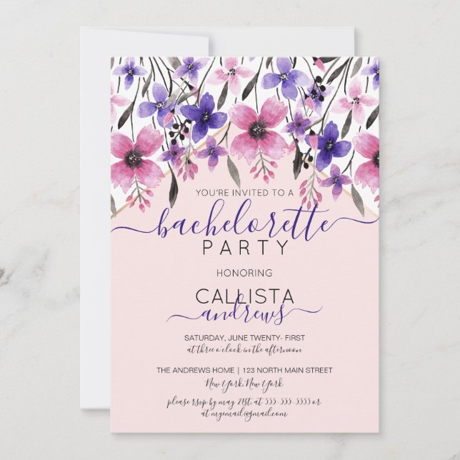 Invitation Aquarelle rose violet Floral Bachelorette Party (Devant)