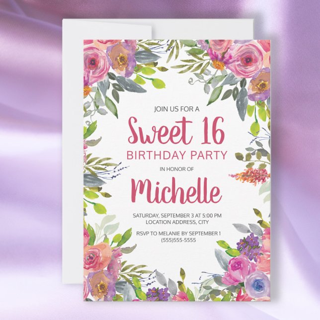 Invitation Aquarelle rose violet Floral Sweet 16 Anniversaire (Créateur téléchargé)