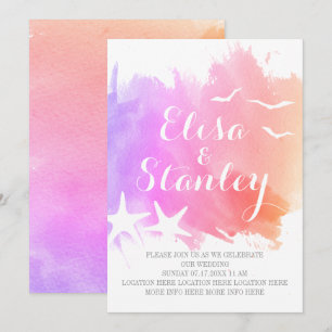 Invitation Aquarelle rose, violet, mariage de plage d'étoiles