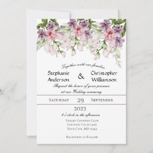 Invitation Aquarelle rose violet Mariage de verdure fleurie