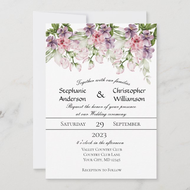 Invitation Aquarelle rose violet Mariage de verdure fleurie (Devant)
