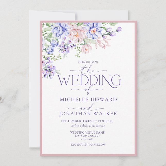 Invitation Aquarelle rose violet Mariage floral (Devant)