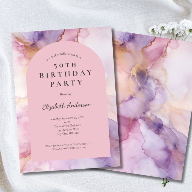 Invitation Aquarelle rose violet or Arc 50e anniversaire (Pink Purple Watercolor Wash Alcohol Ink Modern Arch 50th birthday party invitation for her)
