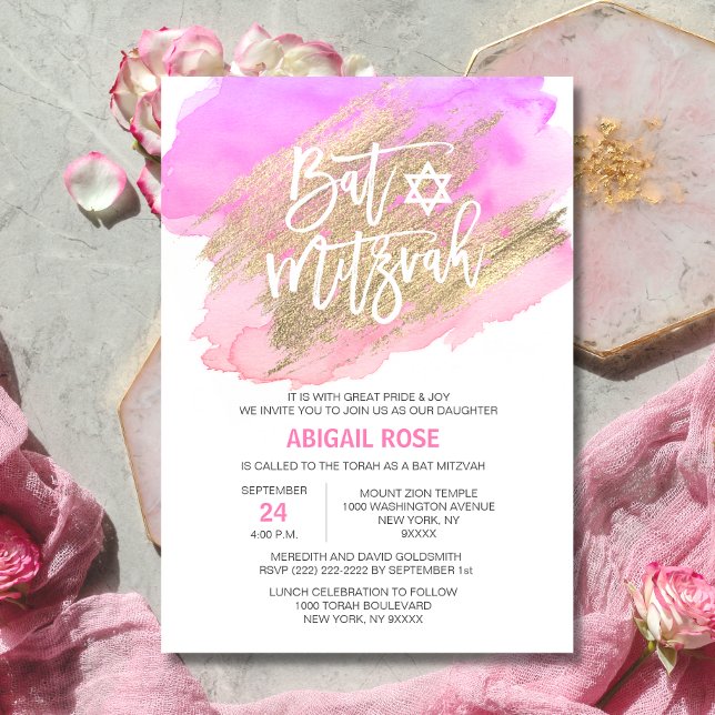 Invitation Aquarelle Rose Violet Or BAT MITZVAH Étoile de Dav (Créateur téléchargé)