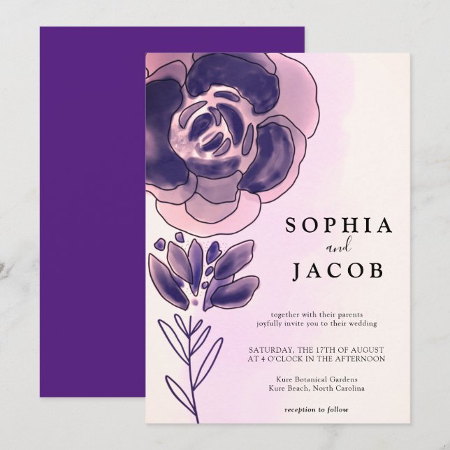 Invitation Aquarelle Rose violet or Mariage floral (Devant / Derrière)