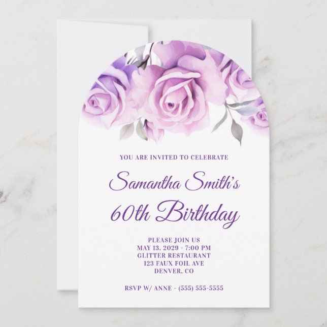 Invitation Aquarelle rose violet Roses 60e anniversaire (Devant)