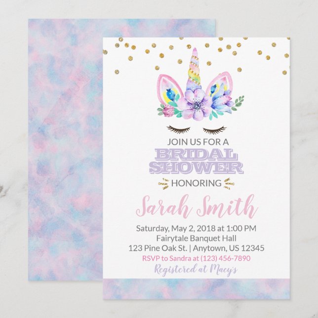 Invitation Aquarelle rose violet style Unicorne Fête des mari (Devant / Derrière)