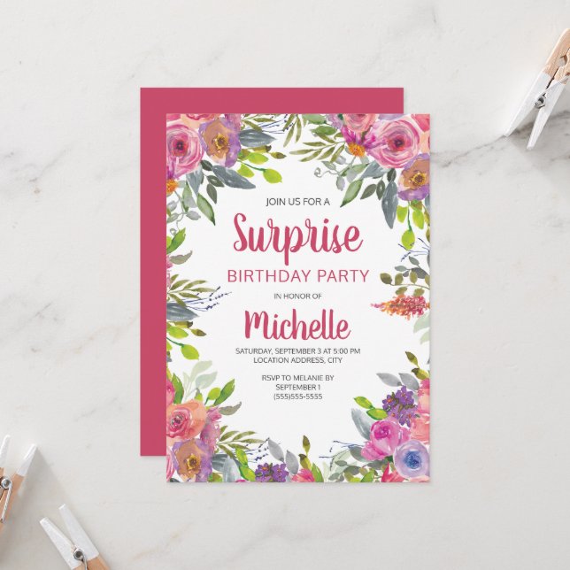 Invitation Aquarelle rose violet vert floral Anniversaire (Devant/Arrière en situation)